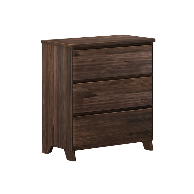 Three-drawer wooden dresser in dark walnut finish.