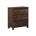 Dark walnut three-drawer wooden dresser with tapered legs, mid-century modern bedroom storage chest of drawers