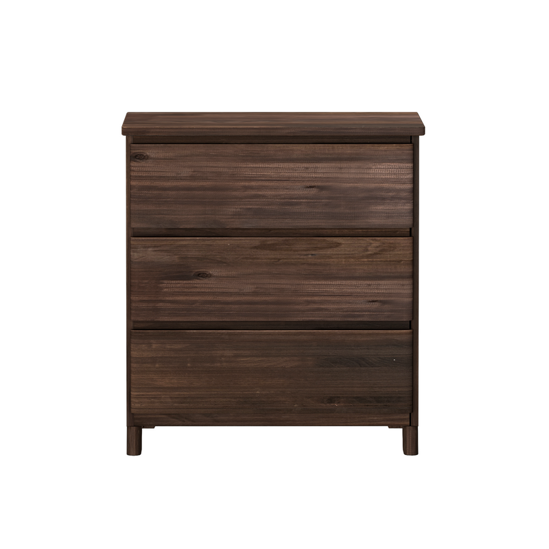 Brown wooden dresser with three drawers, perfect for bedroom storage.