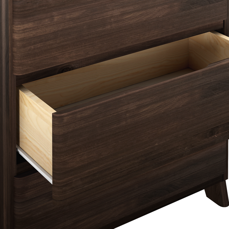Open dark wood drawer showing interior space for storage.