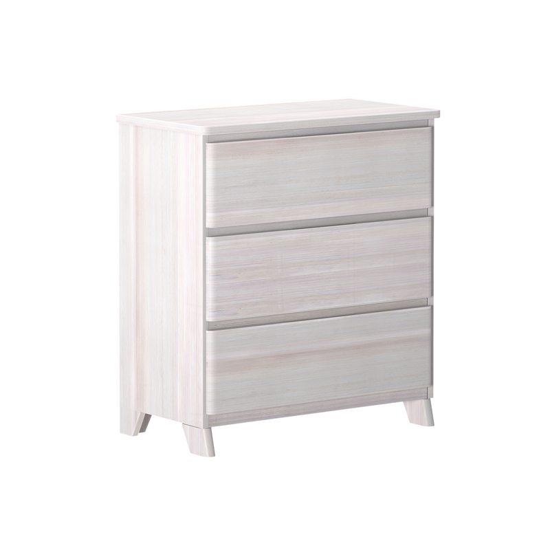 White wooden three-drawer chest for bedroom storage.