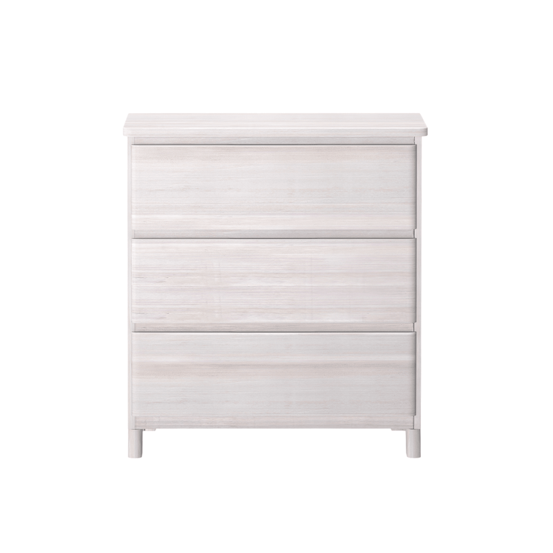 Whitewashed three-drawer wooden dresser chest with minimalist modern design for bedroom storage