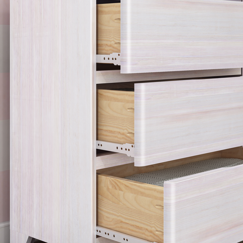 Open white wooden dresser with three drawers, perfect for bedroom storage solutions.