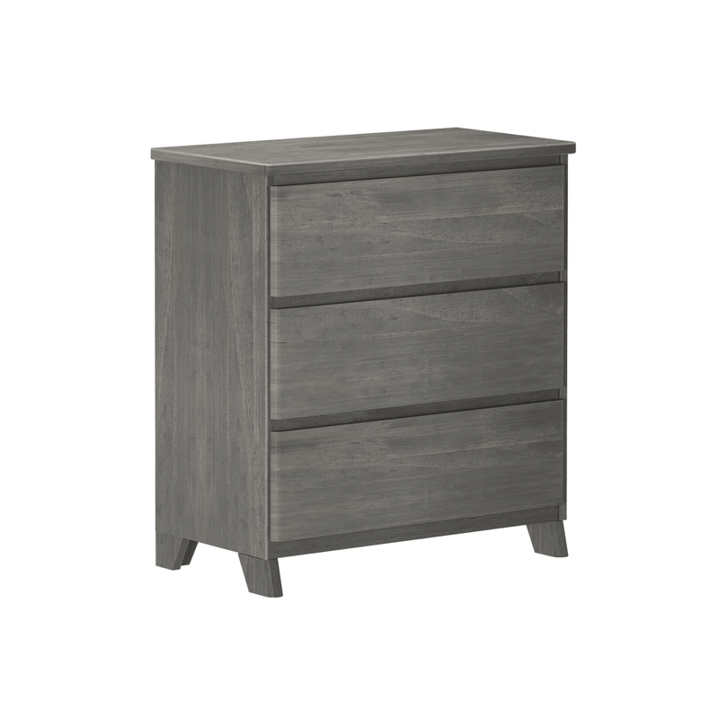 Wooden three-drawer chest in rustic gray finish for bedroom storage.