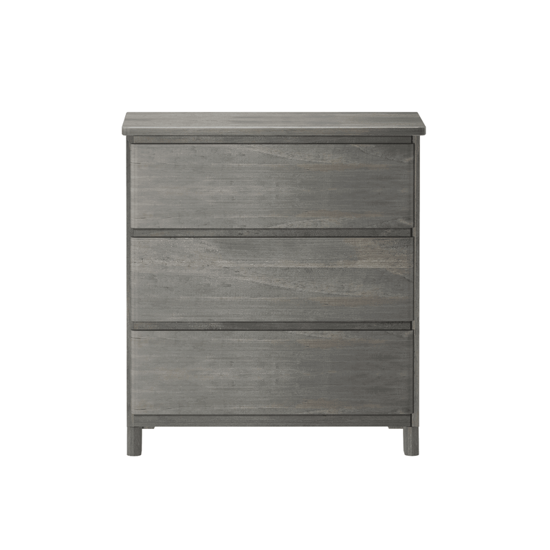 Gray three-drawer wooden dresser for bedroom storage.