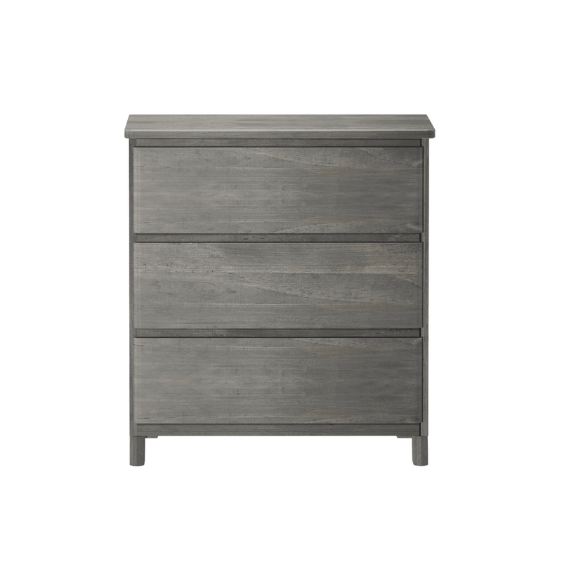 Weathered gray wooden three-drawer dresser with minimalist modern design, bedroom storage chest of drawers