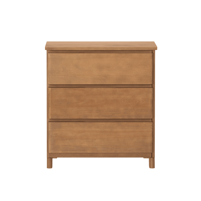 Minimalist three-drawer oak dresser — compact wooden bedroom storage chest with flat top and recessed handles