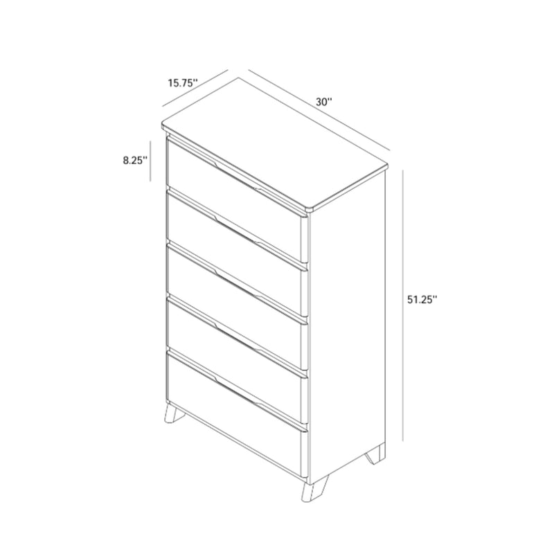 Tall six-drawer bedroom dresser chest with tapered legs — 30 in W x 15.75 in D x 51.25 in H, dimensioned line drawing