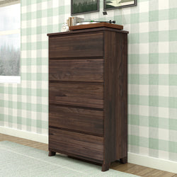 Mid-century modern dark walnut 5-drawer tall dresser chest for bedroom storage, wooden tallboy dresser with record player on top and green gingham wallpaper