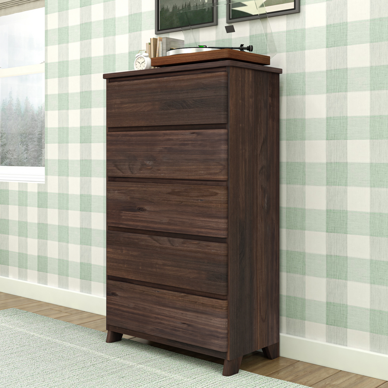 Dark wood dresser with five drawers in a modern bedroom setting featuring patterned wallpaper and a turntable on top.
