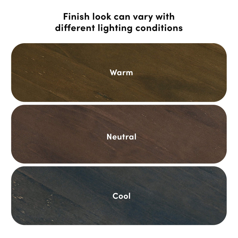 Wood finish variations under different lighting conditions; three samples showing warm, neutral, and cool tones.