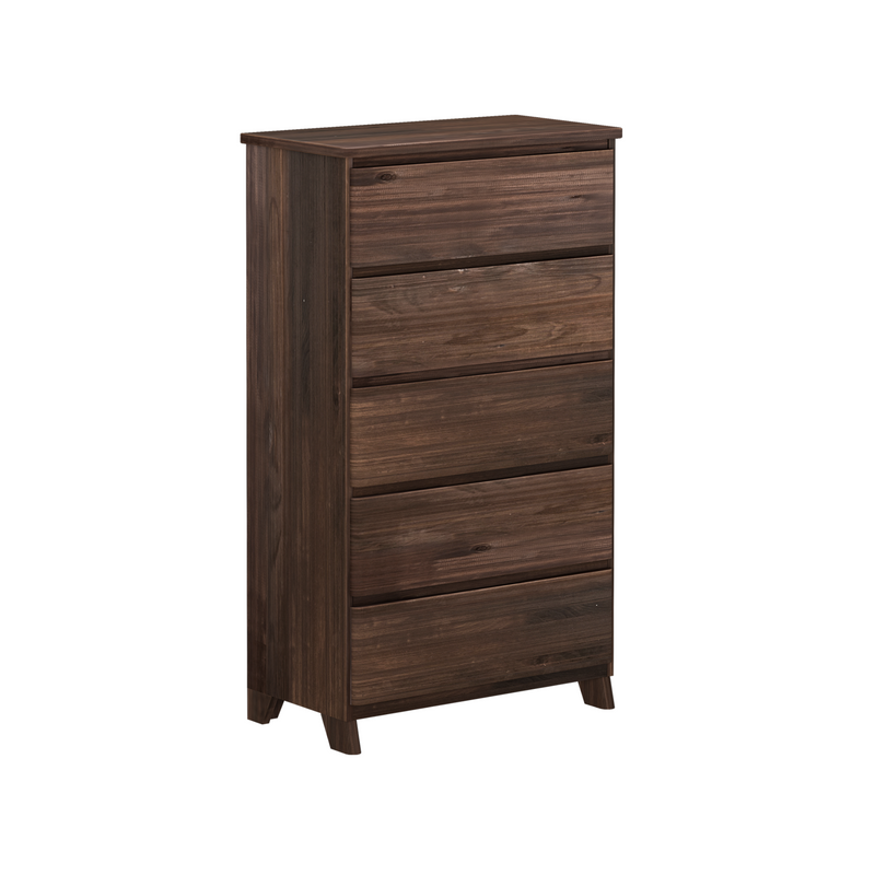 Tall wooden dresser with five drawers in a dark brown finish for bedroom storage.