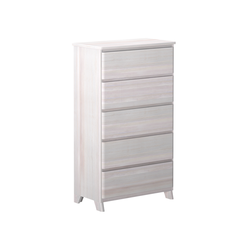 Tall wooden chest of drawers with a minimalist design, perfect for bedroom storage solutions.