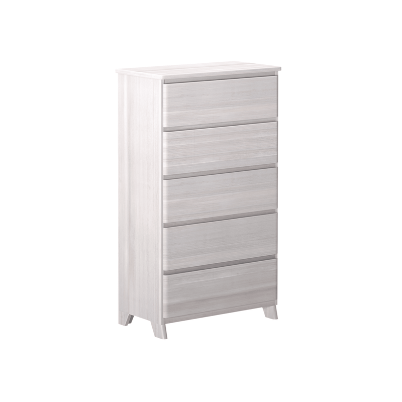 Modern whitewashed wood tall five-drawer dresser chest with tapered legs — minimalist Scandinavian bedroom storage cabinet