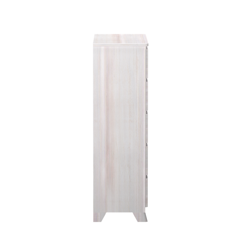 Side view of a white wood dresser with multiple drawers, modern furniture piece for bedroom storage.