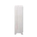 Whitewashed tall narrow wooden dresser, side view of a modern farmhouse bedroom storage chest with tapered legs