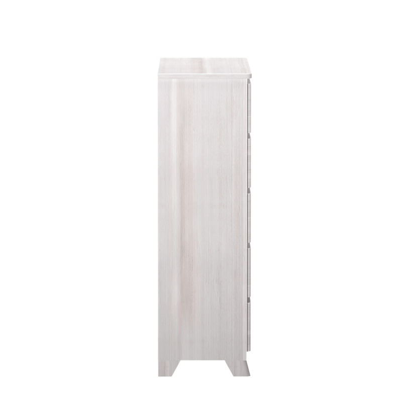 Whitewashed tall narrow wooden dresser, side view of a modern farmhouse bedroom storage chest with tapered legs