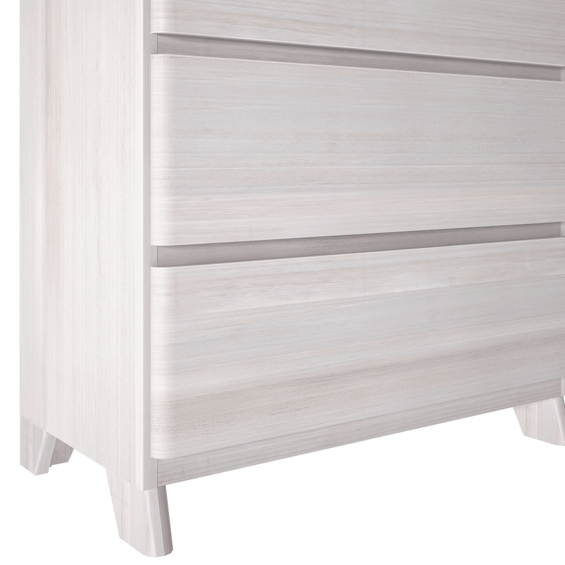 Whitewashed wood dresser with recessed drawer handles and tapered legs, modern minimalist bedroom storage chest