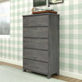 Gray five-drawer wooden dresser in a modern farmhouse bedroom with mint-green buffalo check wallpaper, vinyl record player and alarm clock on top, hardwood floor and textured area rug