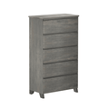 Modern gray five-drawer wooden tallboy dresser with rustic finish for bedroom storage