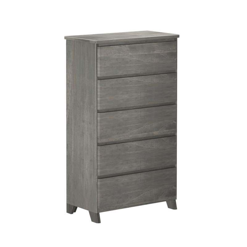 Modern gray five-drawer wooden tallboy dresser with rustic finish for bedroom storage