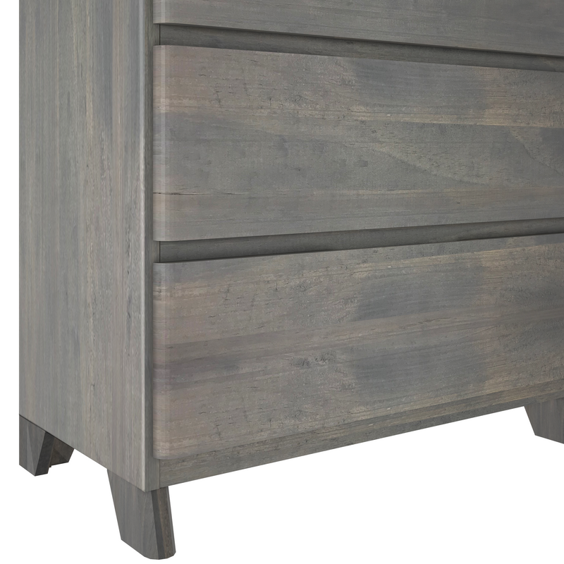 Gray wooden dresser close-up featuring minimalist design with sleek lines and modern style.