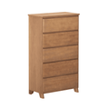 Five-drawer tall wooden dresser in natural wood finish with tapered legs and recessed handles — modern bedroom chest of drawers for storage