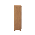 Slim light-brown wooden tall dresser (chest of drawers) side view with tapered legs, modern bedroom furniture on white background