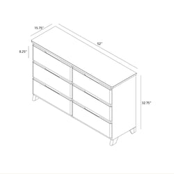 Line drawing of a 52-inch six-drawer dresser with dimensions 52" W × 15.75" D × 32.75" H, six equal drawers and tapered legs — bedroom storage dresser blueprint