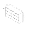 Technical line drawing of a 6-drawer dresser with dimensions 52 in W × 15.75 in D × 32.75 in H, angled mid-century-style legs and six equal drawers — bedroom storage dresser, 52-inch dresser dimensions