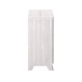 Whitewashed wood three-drawer dresser side view, modern bedroom storage cabinet with tapered legs