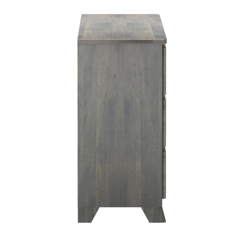 Side view of a modern wooden dresser with a sleek gray finish and smooth lines.