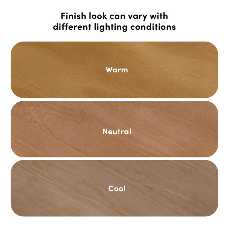 Three wood finish sample swatches labeled Warm, Neutral and Cool showing how wood stain color and finish can vary under different lighting conditions