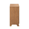 Side view of mid-century modern light brown wooden 3-drawer dresser chest on white background