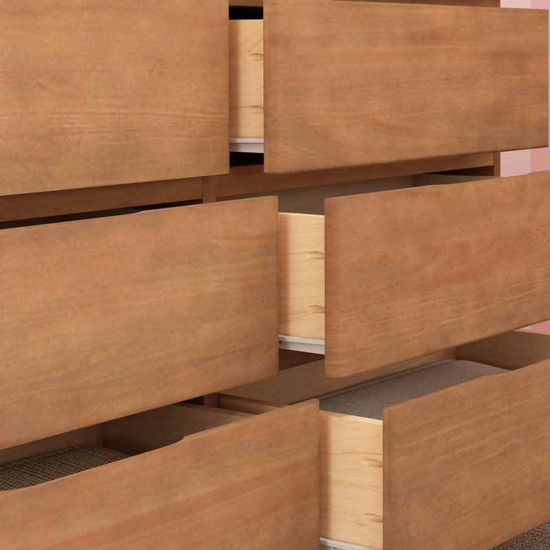 Close-up of a modern oak wood dresser with multiple partially open drawers, minimalist bedroom storage chest of drawers showcasing smooth natural grain finish