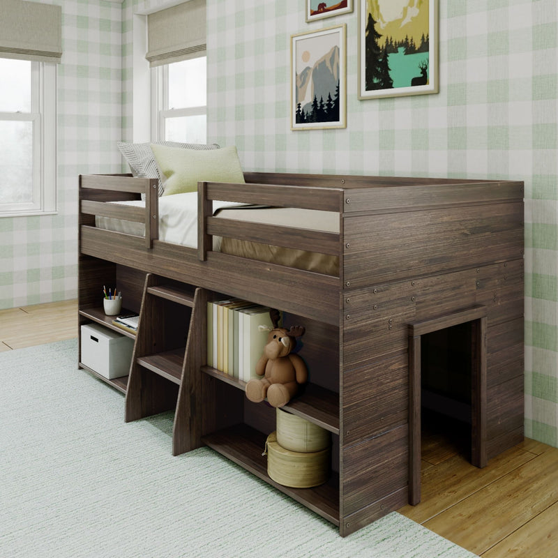 Wooden loft bed with built-in storage and play area in a modern kids' bedroom.