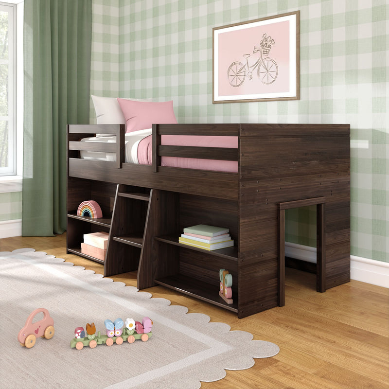 Dark walnut children's loft bed with built-in shelves and ladder in a pastel pink and green bedroom, hardwood floor, toys and framed bicycle art