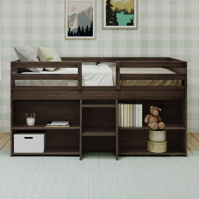 Wooden loft bed with storage shelves and toy in modern kids' bedroom.