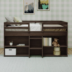 190025-181 : Loft Beds Farmhouse Twin Low Loft Bed with 2 Bookcases, Barnwood Brown
