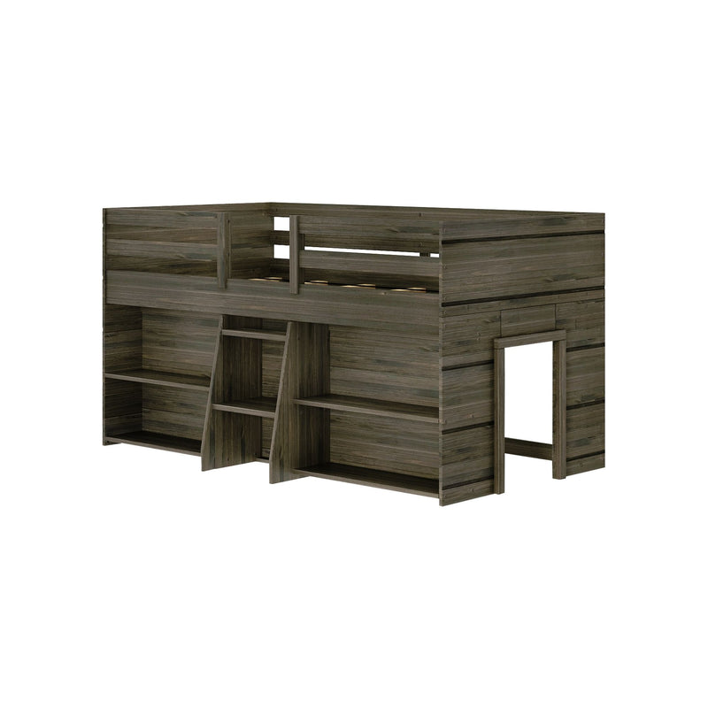 Loft bunk bed with built-in storage shelves and ladder in dark wood finish.