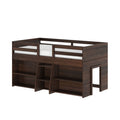 Dark walnut wooden loft bed with guardrails, built-in shelving and under-bed playhouse cubby, space-saving twin kids' bed