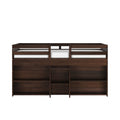Dark brown wooden loft bed with raised guardrail and built-in open shelving for under-bed storage