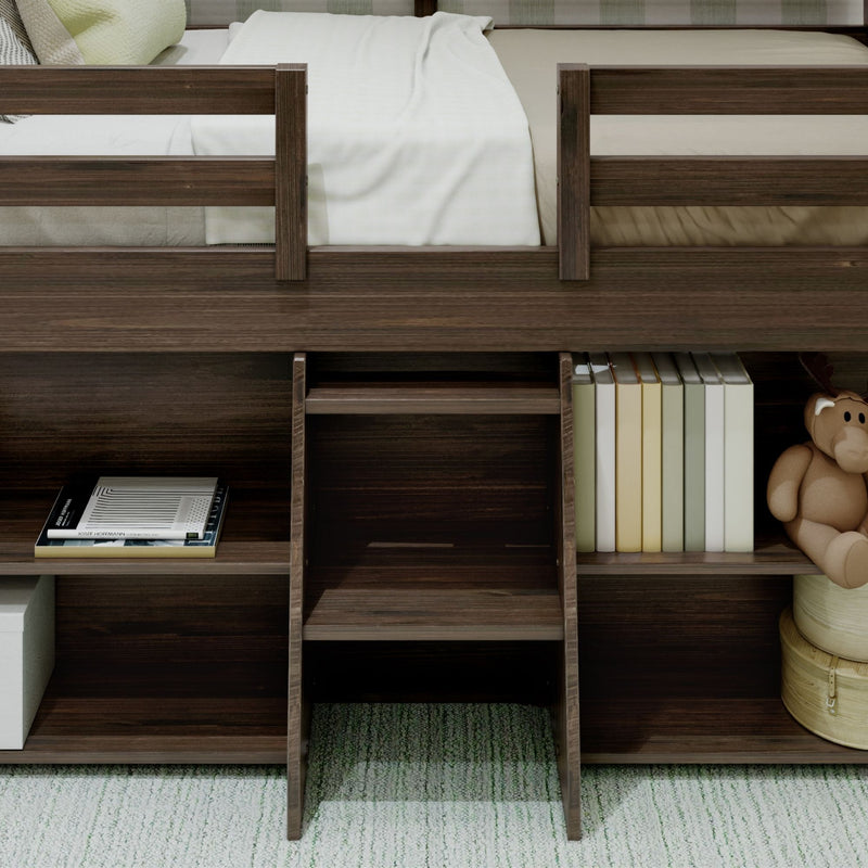 Dark wood bunk bed with built-in shelves and books, featuring a stuffed toy, ideal for children's bedroom storage solutions.