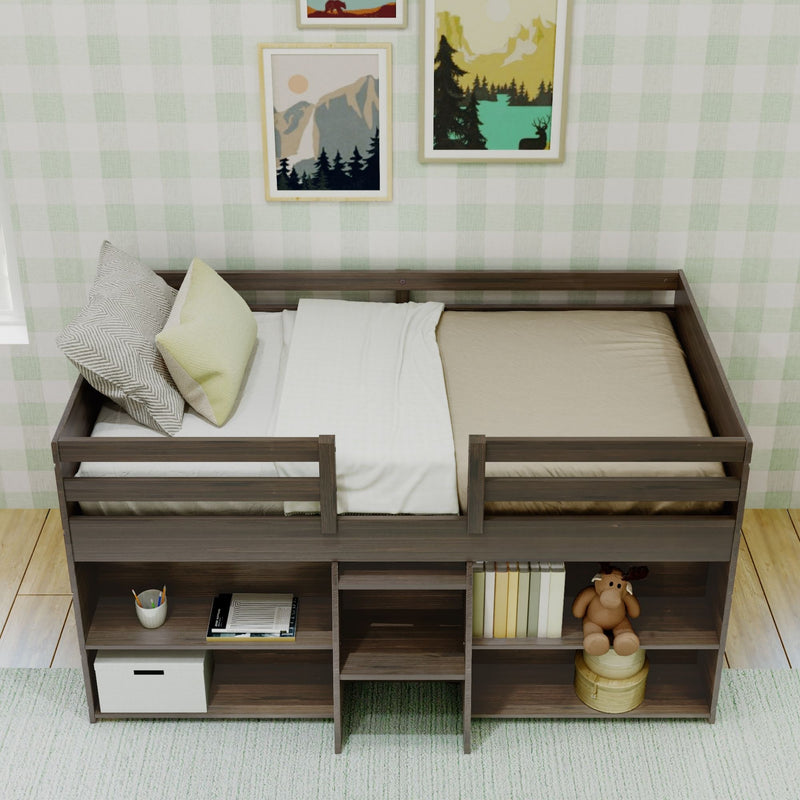 Loft bed with storage and shelves for a small bedroom.