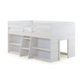 White wooden loft bed with built-in storage shelves, ladder and safety guardrail for kids