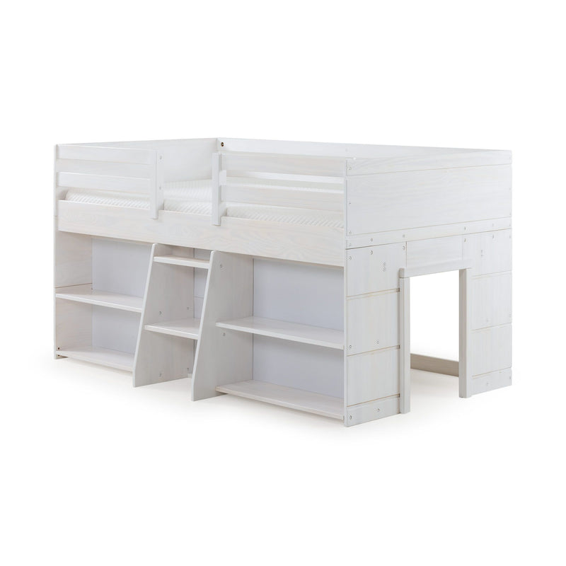 White wooden loft bed with built-in storage shelves, ladder and safety guardrail for kids