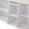 Close-up: modern white wooden shelving unit with minimalist stepped shelves and visible screws