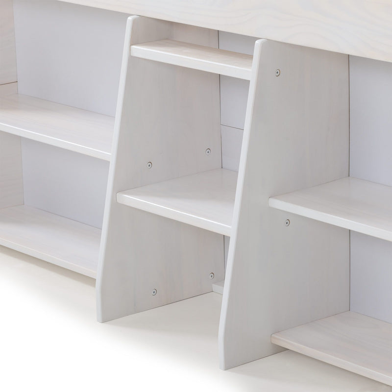 Close-up: modern white wooden shelving unit with minimalist stepped shelves and visible screws