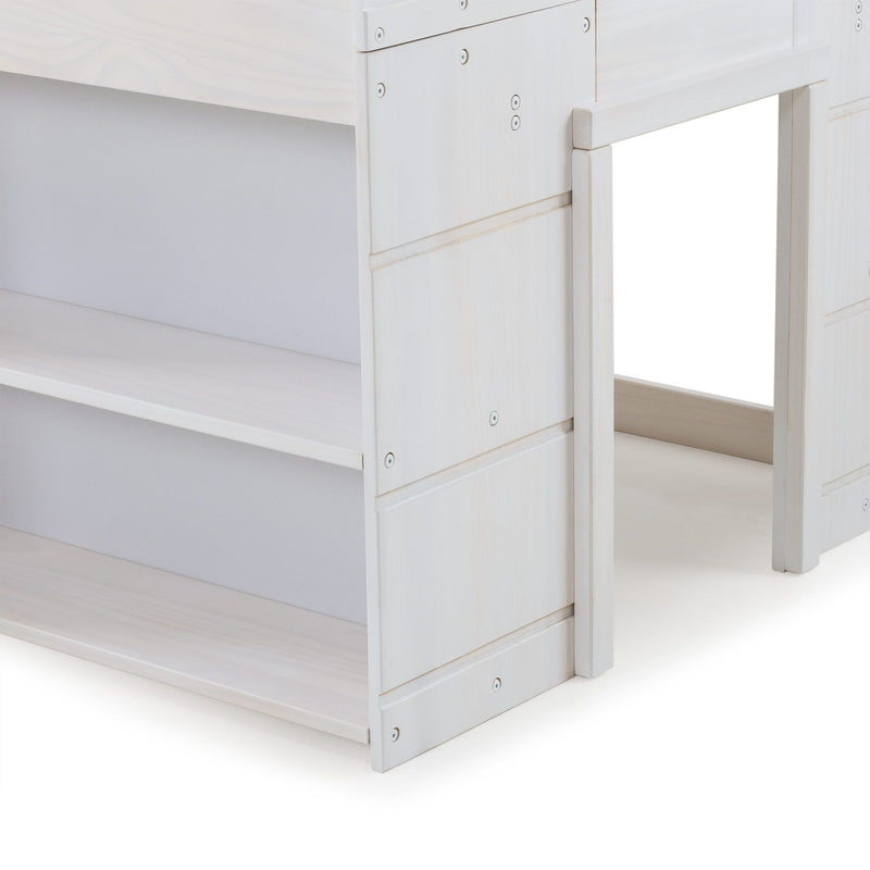 Close-up of white painted wooden bunk bed frame with built-in shelves, ladder opening and visible screw hardware