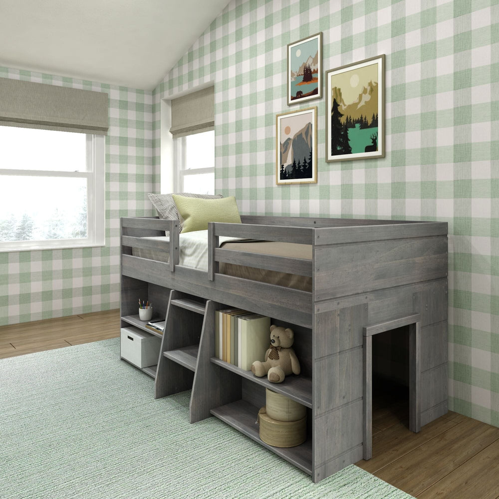 190025-185 : Loft Beds Farmhouse Twin Low Loft with 2 Bookcases, Driftwood